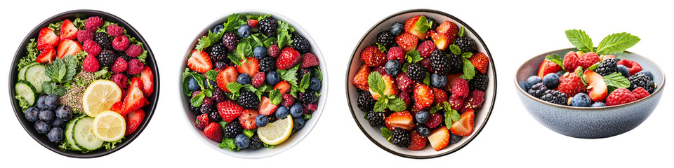 Obraz premium A vibrant berry salad with strawberries, raspberries, blackberries, blueberries, cucumber slices, lemon, fresh mint, and leafy greens for a refreshing, healthy dish.