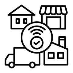 Icon for distribution technology. Consumers, stores, trucks, and factories are optimized by technology.