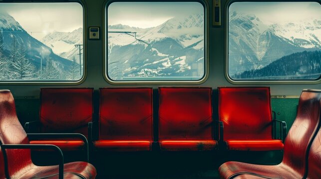 Commuter train with rows of empty seats, offering a scenic ride through European landscapes