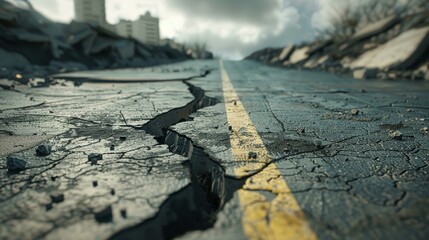 A city street with broken asphalt and severe damage