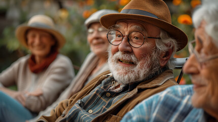 Senior man gets offended when friends make a joke about him. Happy old people having fun at a retirement home. Group of elderly men and women sitting in a circle and laughing at the