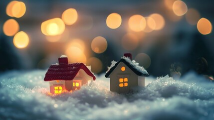 Snowy toy houses with blurred garland lights, creating a festive atmosphere, Ai Generated