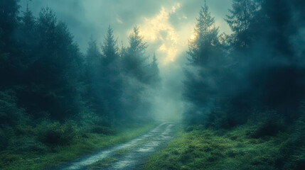Misty Forest Morning Path with Dense Trees and Ethereal Light, Serene and Mystical Woodland Scene for Nature, Adventure, and Tranquility Concepts