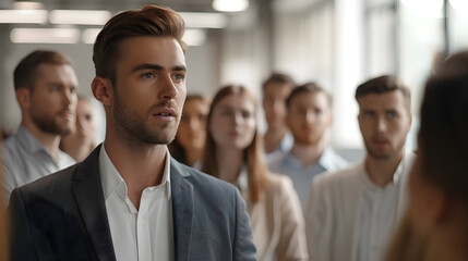 Fototapeta premium Serious young man business trainer talking to group of people in office standing around him and listening. Office staff, entrepreneurs on corporative training, team building seminar