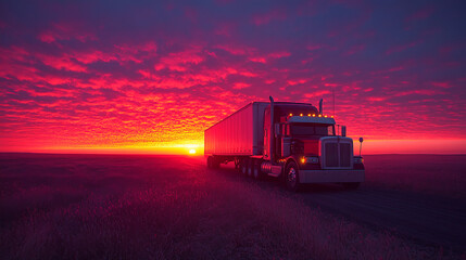 Truck driving on the autobahn against the backdrop of sunset