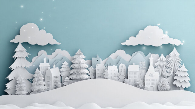 A serene winter landscape featuring white paper cutouts of trees, mountains, and houses against soft blue background. scene evokes peaceful, snowy atmosphere