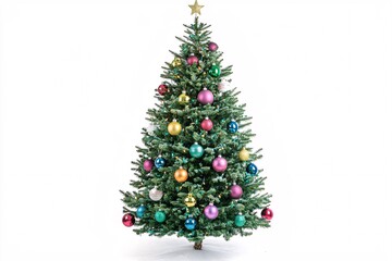 Fototapeta premium A vibrant holiday tree decorated with a variety of ornaments, ideal for festive cards and seasonal designs.
