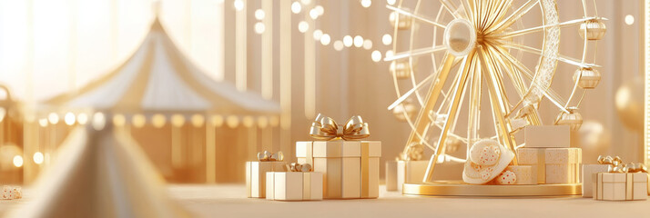Golden festive scene featuring ferris wheel, gifts, and carnival tent, evoking joyful holiday atmosphere