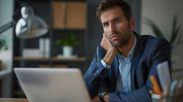 Side view headshot of serious puzzled confused caucasian businessman executive manager looking at laptop scratching head thinking on received news sitting at desk against grey studi