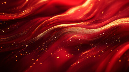 Red background, dark red liquid swirls, gold glittering, abstract background