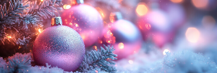 Sparkling pink Christmas ornaments adorn snowy tree, creating magical holiday atmosphere filled with warmth and joy. soft glow of lights enhances festive spirit