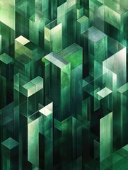 Fantasy 3D illustration featuring geometric designs in varying shades of green