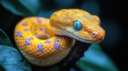 Fototapeta premium A vibrant yellow snake resting on a branch surrounded by foliage.