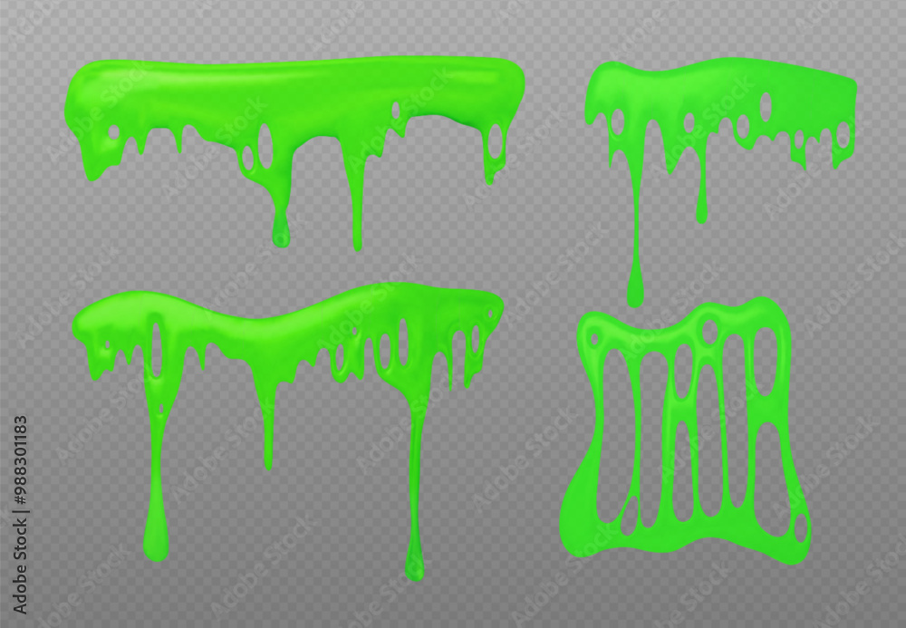 Wall mural green slime splatter set isolated on transparent background. vector realistic illustration of neon l