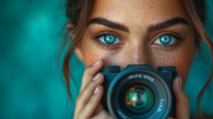 Beautiful nice girl model with a camera in her hands