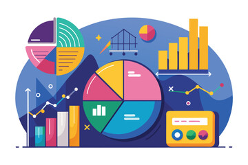 A colorful illustration showcases various data visualization methods, including pie charts, bar graphs, and line charts used for design statistics.