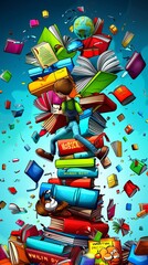 Obraz premium Vibrant book tower with floating books and animated characters.