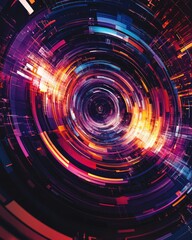 Obraz premium Fantasy dark rainbow abstract circular background featuring digital overlapping layers and line designs creating a minimalist technology themed template in a 2D cartoon style