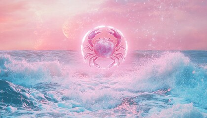 Fantasy image featuring a zodiac symbol at the center set against a sea water backdrop with a pink theme representing the astrological sign of Cancer