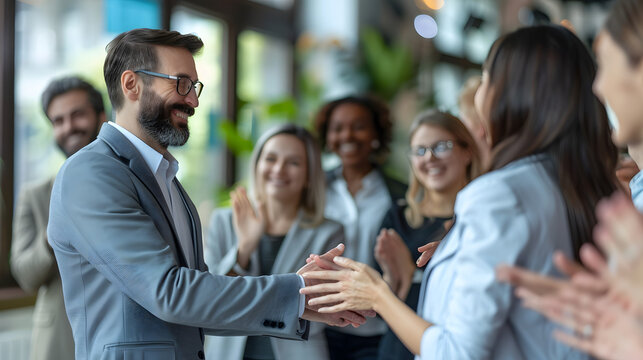 Team of business people showing recognition and appreciation to a young colleague. Smiling male manager shaking hands with a happy woman while others are applauding. Work recognitio