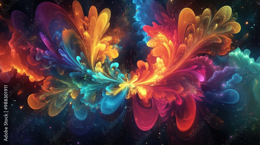 Poster abstract colorful fractal design bursting with imaginative elements on a dark backdrop