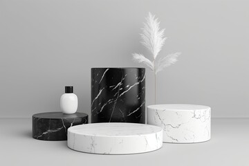 Black and white marble platforms, or podium, for product advertisement in the grey room, area. Template for ad campaign. Pedestal. Advertisement hoarding