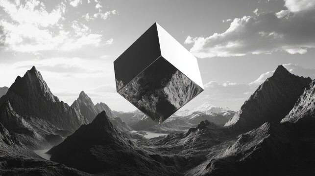 Surreal landscape featuring monochrome mountains and a rotating silver cube 3D reflective cube spins amidst hills creating a striking visual contrast
