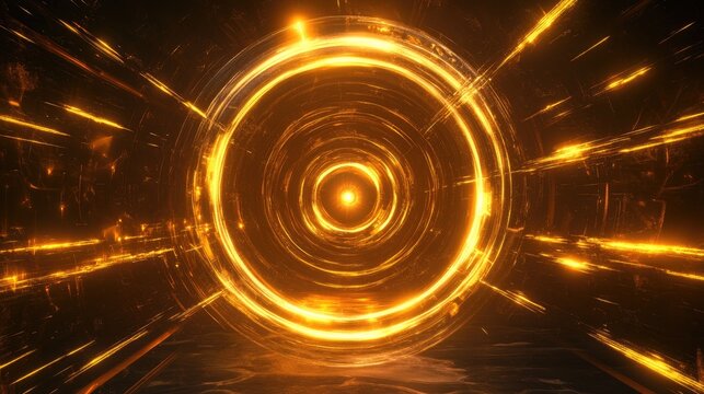 Fantasy portal created from a golden circle featuring energy laser beams and glowing light effects 2D cartoon style illustration of a cosmic time teleport with a luminous vortex and mystical eye