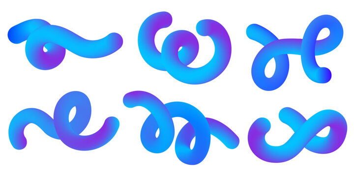3D gradient abstract shapes on white background. Liquid fluid vector spiral elements. Swirl dynamic bright blue modern strokes. Wavy blend futuristic vibrant lines. Squiggle neon design