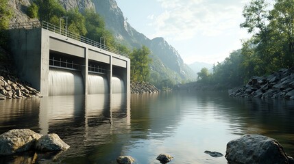 Artistic view of futuristic hydropower plant, showcasing clean energy innovation, advanced technology