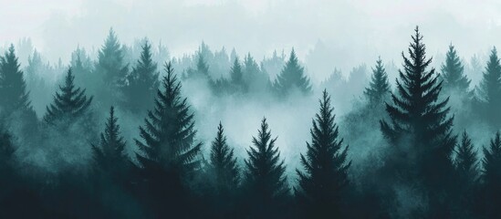 Obraz premium Misty Forest Illustration With Pine Trees And Dark Gloomy Landscape