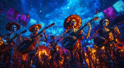 Skeleton mariachi band performing under a starry sky, colorful banners and spirits swirling around, Day of the Dead festival