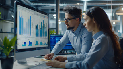 Two businesspeople analyzing data charts, graphs on pc monitor. Man and woman colleagues looking at graphs on computer screen preparing statistical report, discussing financial data