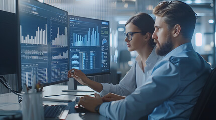 Two businesspeople analyzing data charts, graphs on pc monitor. Man and woman colleagues looking at graphs on computer screen preparing statistical report, discussing financial data
