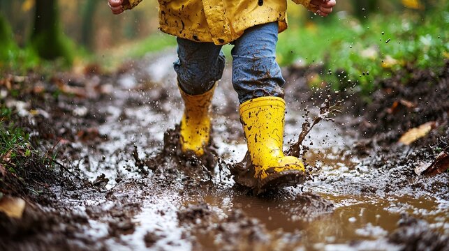 A child joyfully leaps through puddles in vibrant rain boots, embracing a delightful and messy outdoor escapade.