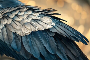 Fototapeta premium A close-up of an exquisite bird's wing reveals the delicate patterns and textures of its feathers set against a soft, indistinct backdrop.