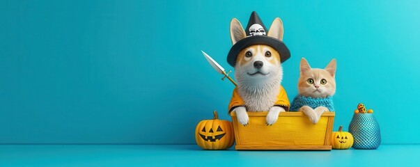 Fototapeta premium Dog in a pirate costume with a tiny hat and sword, and cat dressed as a mermaid, both sitting on a treasure chest surrounded by Halloween decorations, 3D illustration