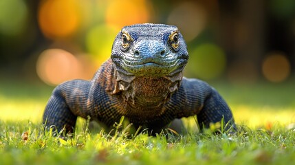Obraz premium A close-up of a Komodo dragon on green grass with a blurred background.