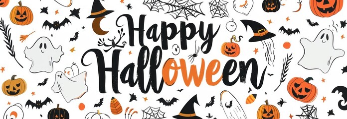 Festive Halloween banner featuring playful ghosts, pumpkins, bats, and autumn leaves in a decorative design with a hand-lettered message