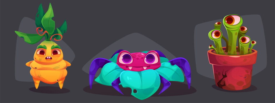 Creepy monster plants set isolated on black background. Vector cartoon illustration of scary carnivorous flowers with eyes and toothy mouths, Halloween horror creatures, fantasy forest predators