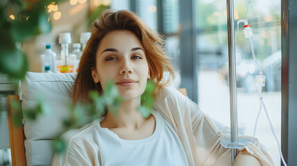 Woman with sterile tube in arm sitting by pole with IV bottle at medical center, drinking water and receiving vitamin therapy infusion to boost body immune system, preserve beauty