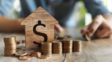 Wooden percent symbol and house model on table with crop young man counting coins in background. Real estate, finance, business, mortgage loan, mortgage interest rate concept