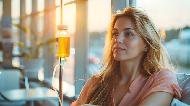 Woman with sterile tube in arm sitting by pole with IV bottle at medical center, drinking water and receiving vitamin therapy infusion to boost body immune system, preserve beauty