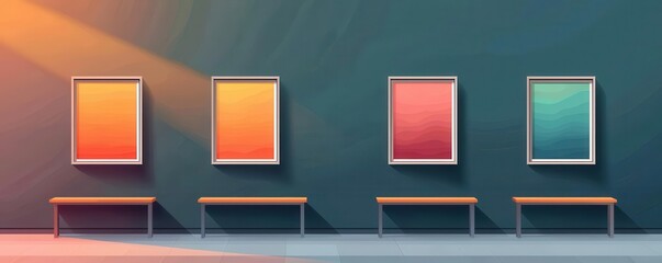Art gallery seating arrangement, benches and artwork on display, flat design illustration