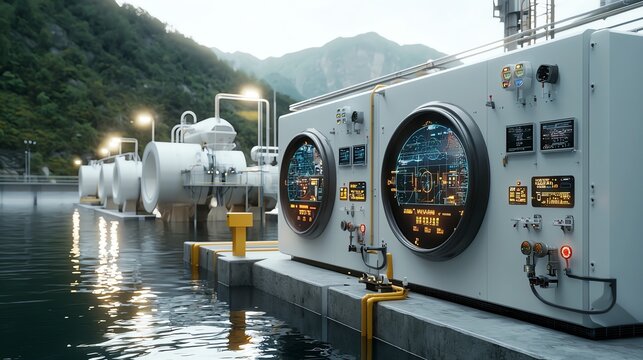 Futuristic hydropower station with digital panels and AI interfaces, clean energy, innovation concept