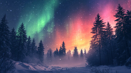 Fototapeta premium beautiful aurora borealis northern lights with mountain and snow background