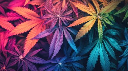 Rainbow toned marijuana leaves background representing cannabis legalization