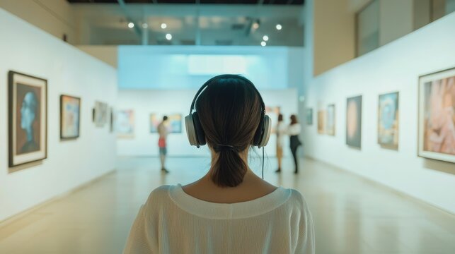 Woman exploring a museum exhibit while listening to an audio guide through headphones in a contemporary art gallery Concept of education and leisure