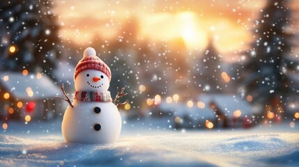 Festive backdrop featuring a snowman amidst a winter landscape