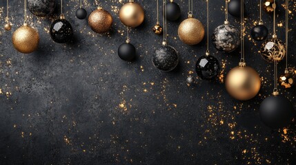 Christmas holiday decoration banner template featuring a collection of hanging gold and black baubles on a textured black background